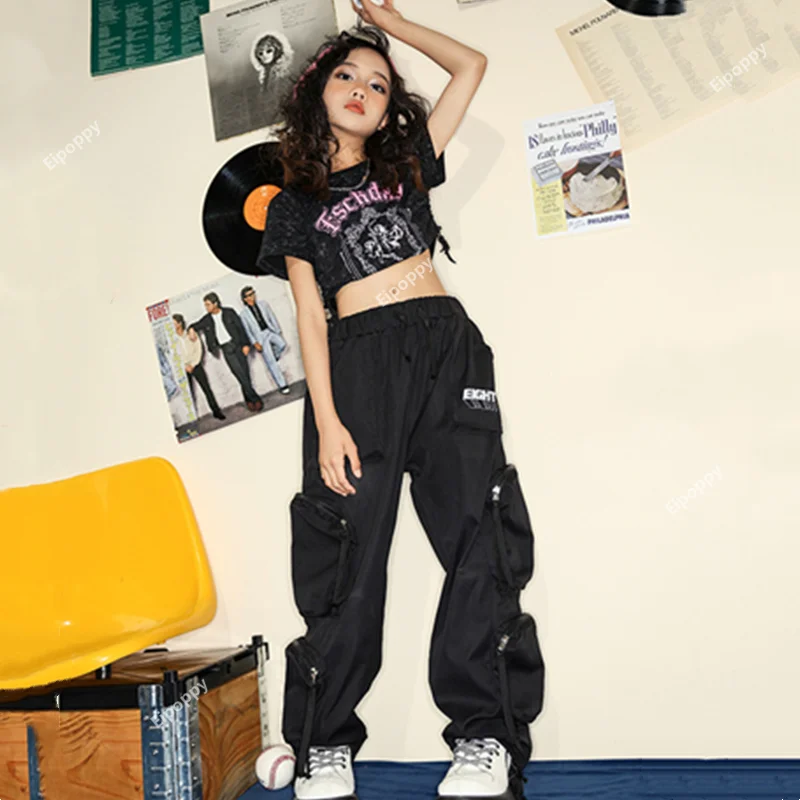 Hip Hop Girls T-shirt Street Dance Cargo Pants Children Streetwear Crop Top Joggers Clothes Sets Kids Jazz Tee Cool Costumes