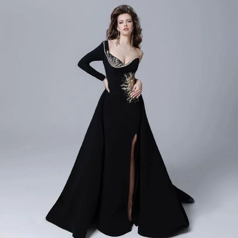 Arabian Evening Party Dress Beads One Shoulder Black Formal Occasion Dresses فساتين مناسبة رسمية with Sleeve Slit Prom Gown