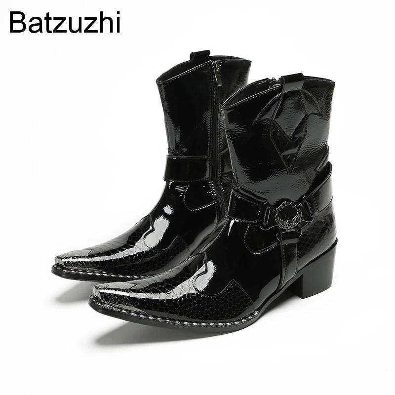 

Batzuzhi Western Cowboy Men's Boots Shoes Pointed Iron Toe Black Leather Mid-calf Boots Man 6.5cm Heels Motorcycle Boots Male!