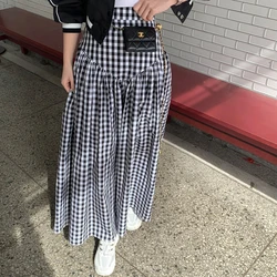Spring Fall Vintage Long skirts Plaid Elastic High Waist Patchwork Ruffle Harajuku Korean Alina Ankle-Length Skirt Women 2024