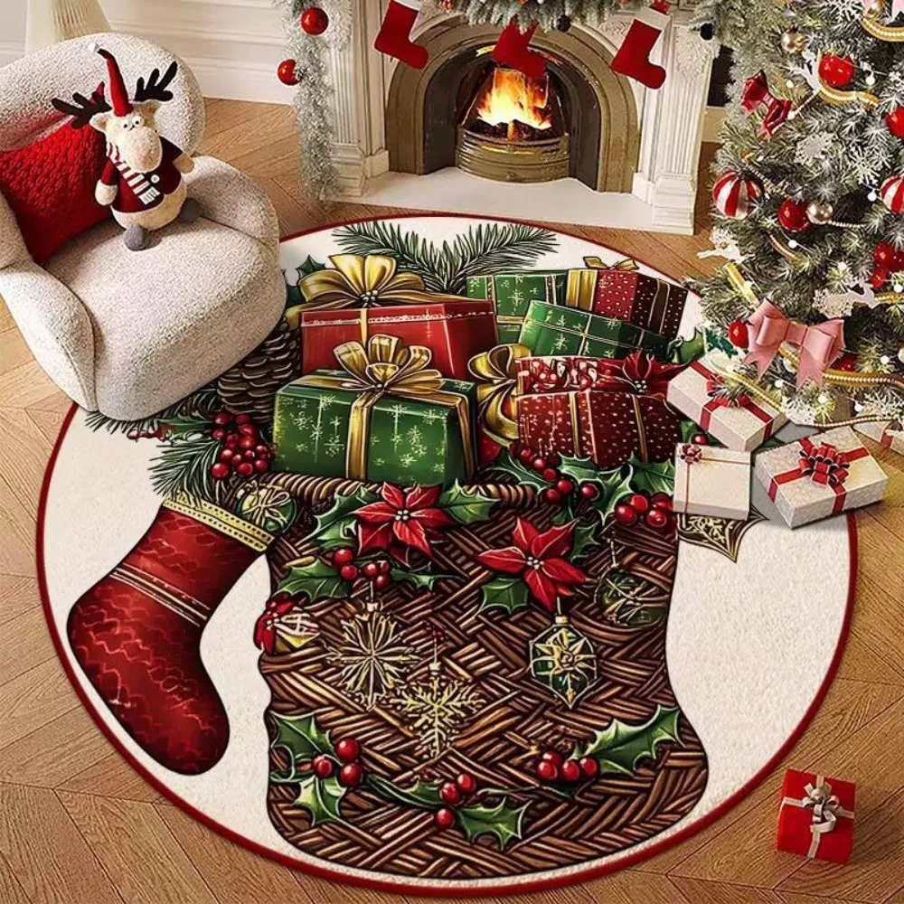 Cartoon Cute 2D Flat Printed Christmas Rug Non-Slip Santa Claus Christmas Doormat Floor Mat Velvet Round Vortex Carpet Outdoor