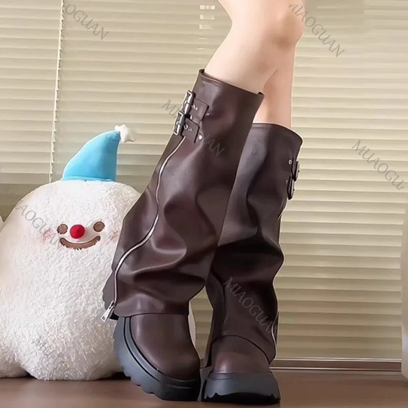 فاسق نمط الربط سميكة القاع النساء أحذية عالية في الركبة موضة سستة الإناث مطوي فارس الجوارب الطويلة الخريف أحذية نسائية #3