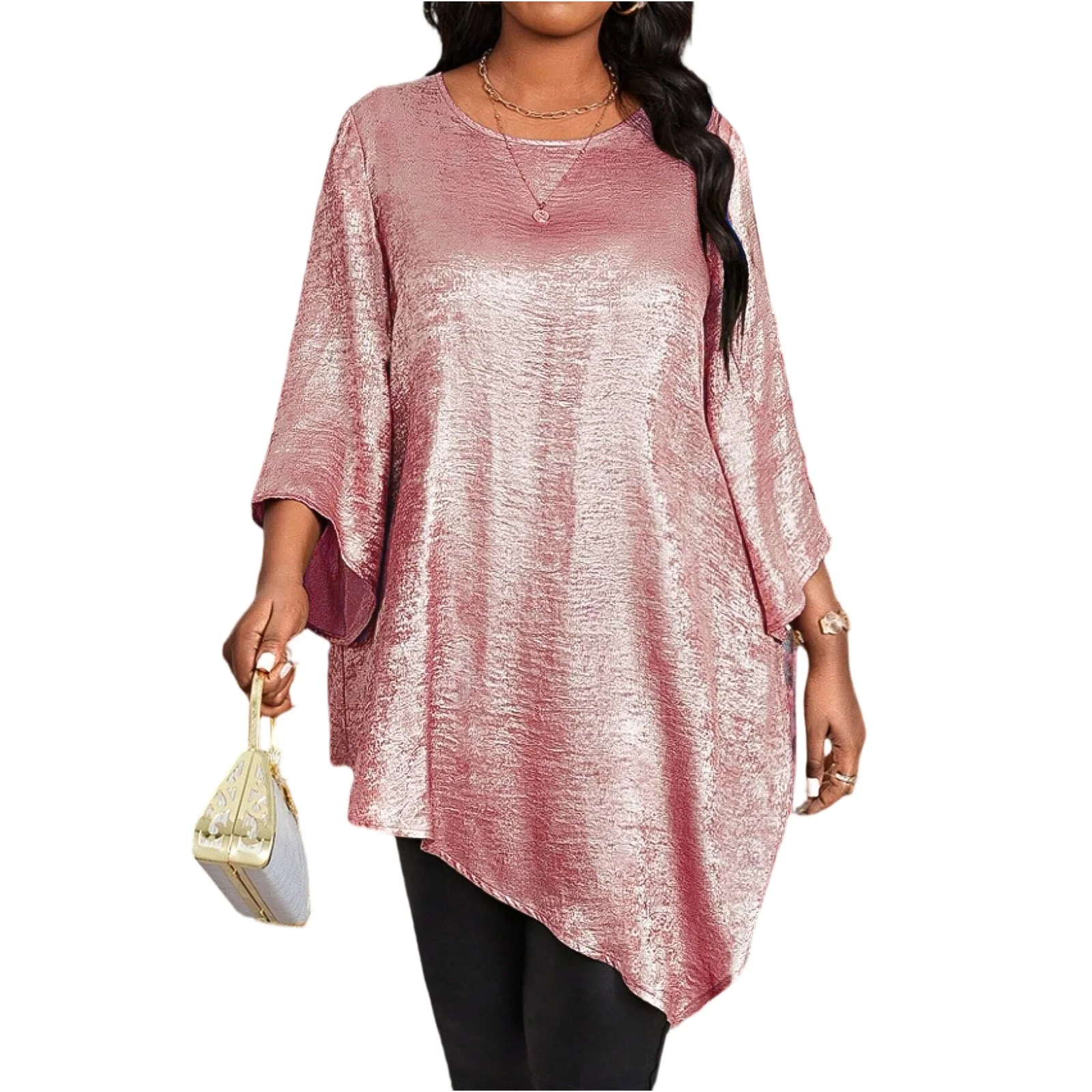 

YHOPE Fashionable Women's Plus Size Loose Round Neck Mid-sleeve Irregular Hem Top