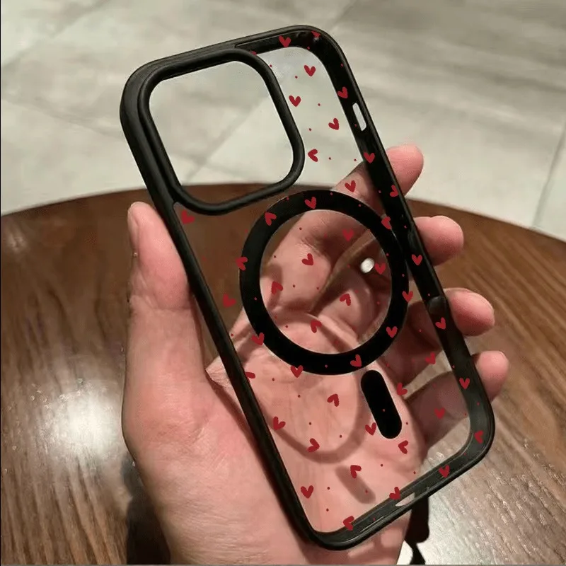 

Polka Dot Heart Pattern Black Border Magnetic Clear Phone Case For iPhone 17 Air 17E 16E 16 15 14 13 12 Pro Max Plus 11 17 Cover