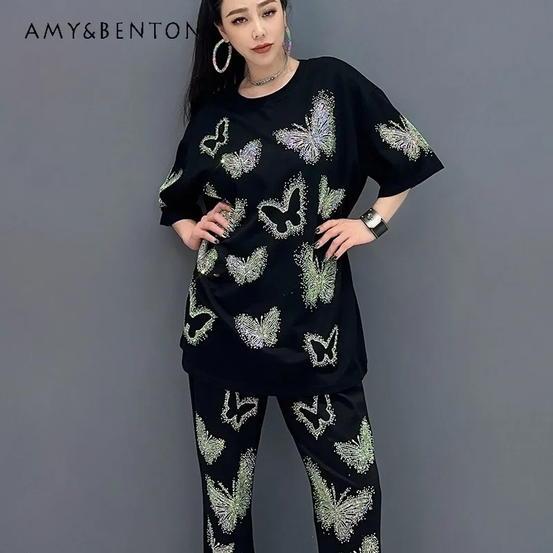 

2024 Summer New Women's Fashion Heavy Embroidery Diamond Drills Butterfly Short-Sleeve Top Bootleg Pants Casual Suit 2 Piece Set