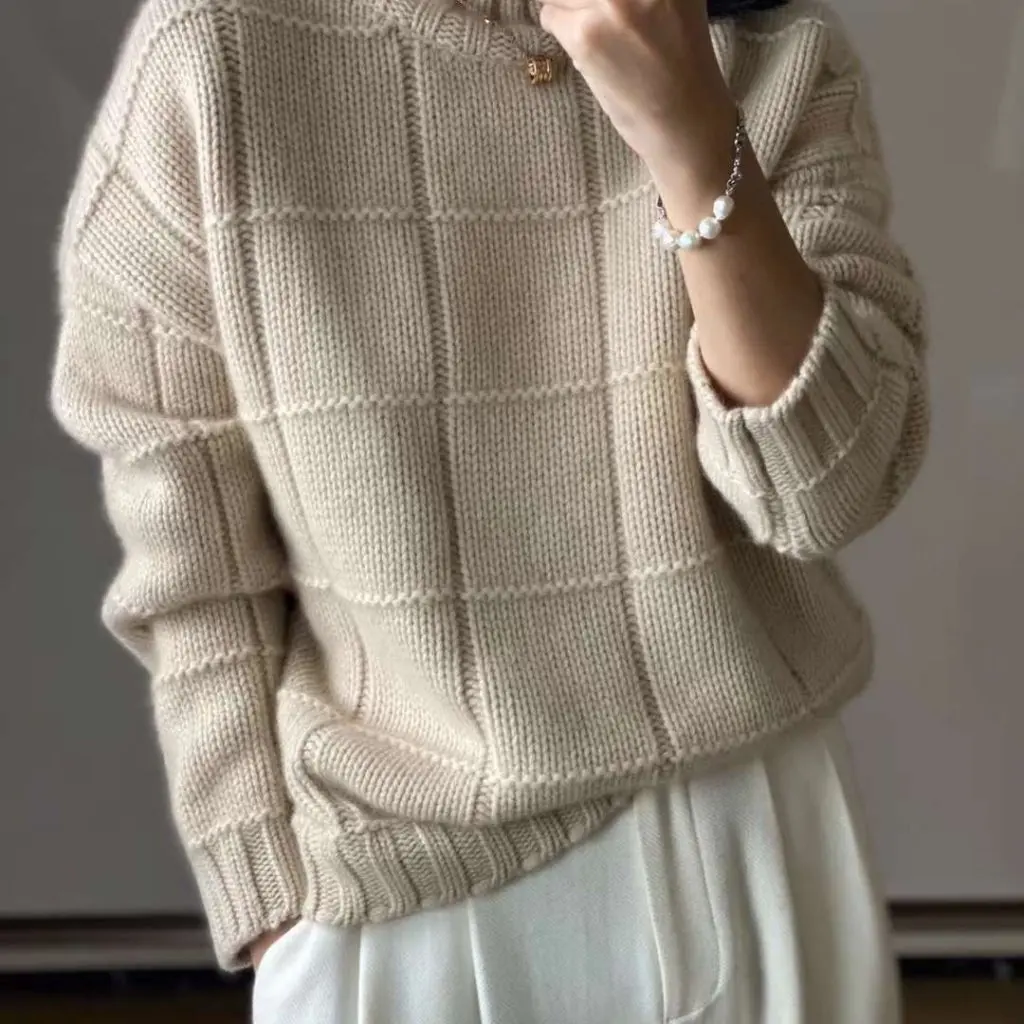

Women's High Neck Checkered Cashmere Pullover Sweater Soft Waxy Texture European Fashion Autumn Winter New Arrivals