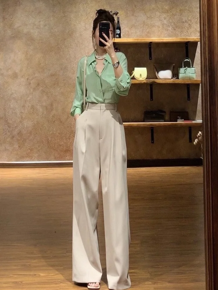 Blouse and Pant Sets for Women 2 Pieces Office Wide Leg Spring Autumn Shirt Trousers Woman Professional Wear To Work Baggy Full