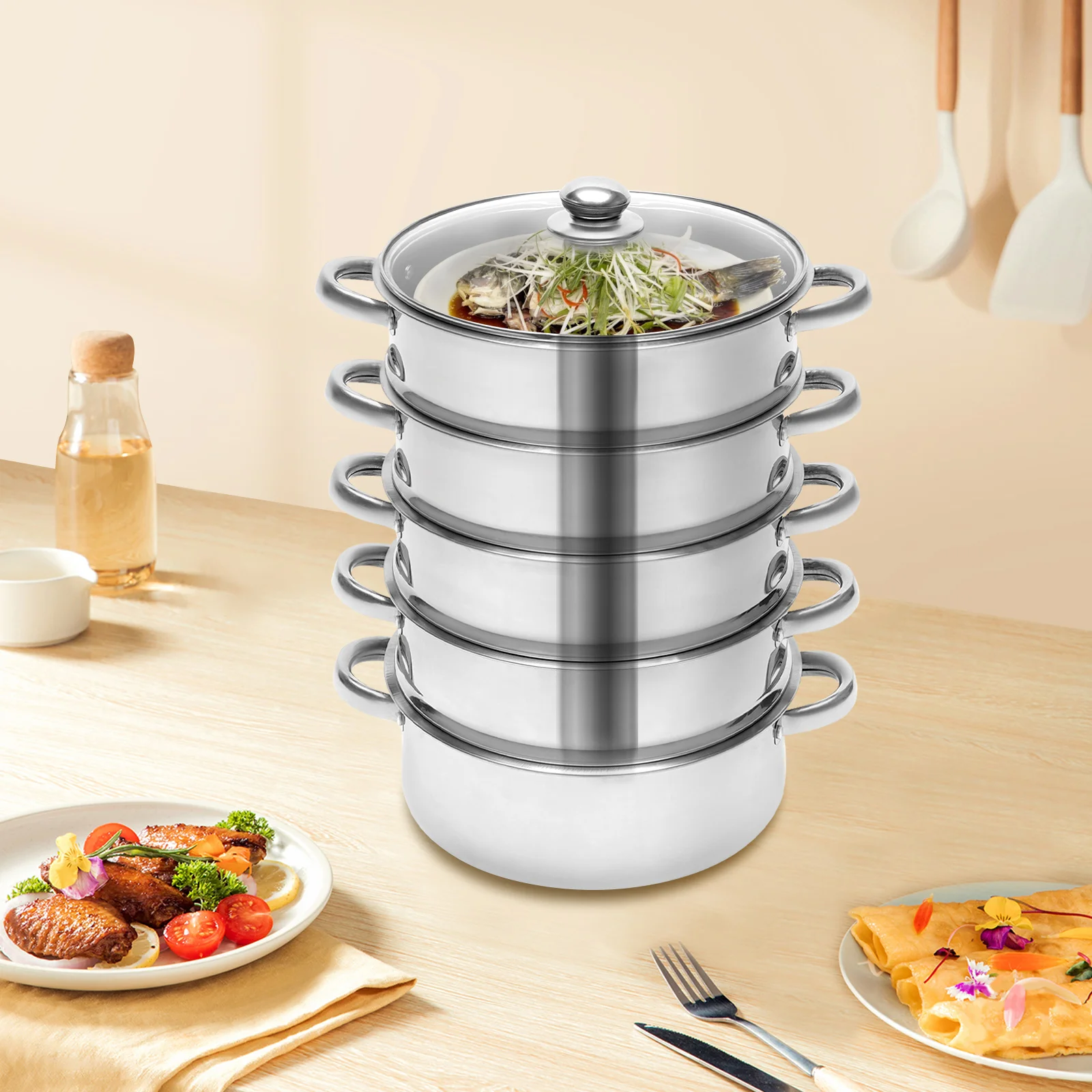 26cm 5-Layer Multifunctional Stainless Steel Steamer Silver For Kitchen Cooking