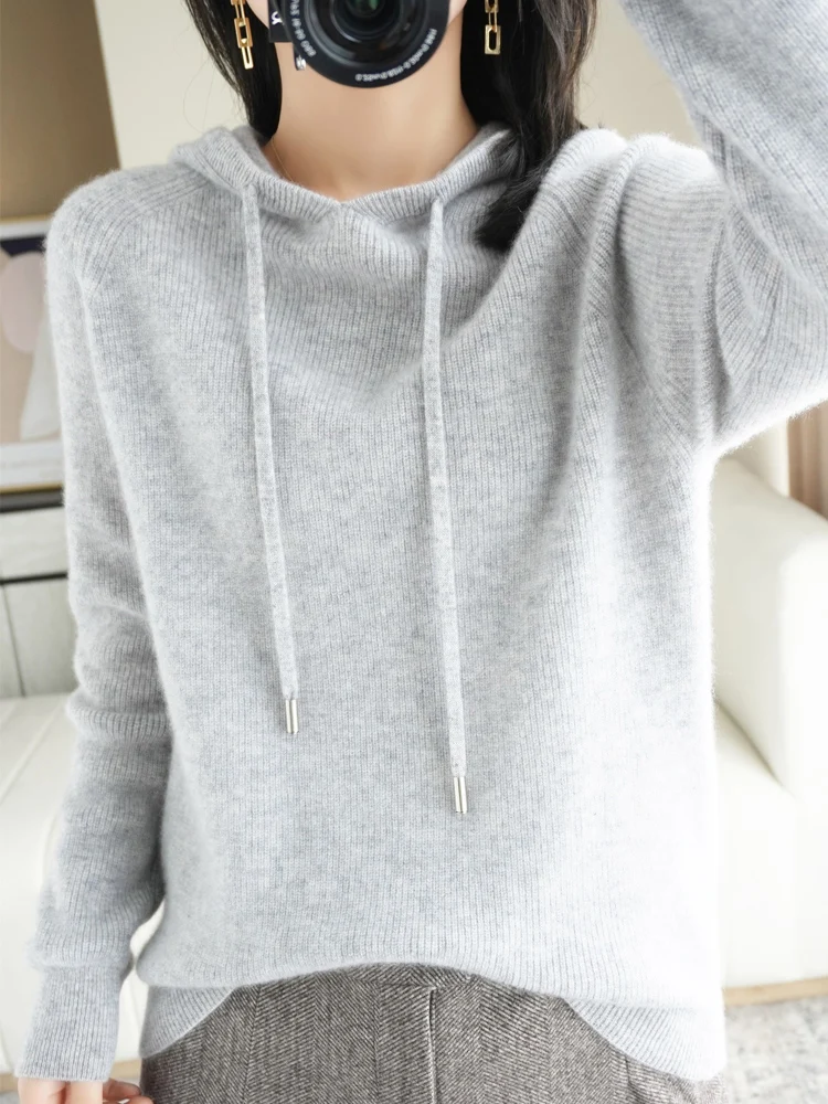 Autumn Winter New Style Women's Cashmere Hoodie Knitted Sweater Loose Fit Thickened Versatile Base Layer Shirt Commute Style ...