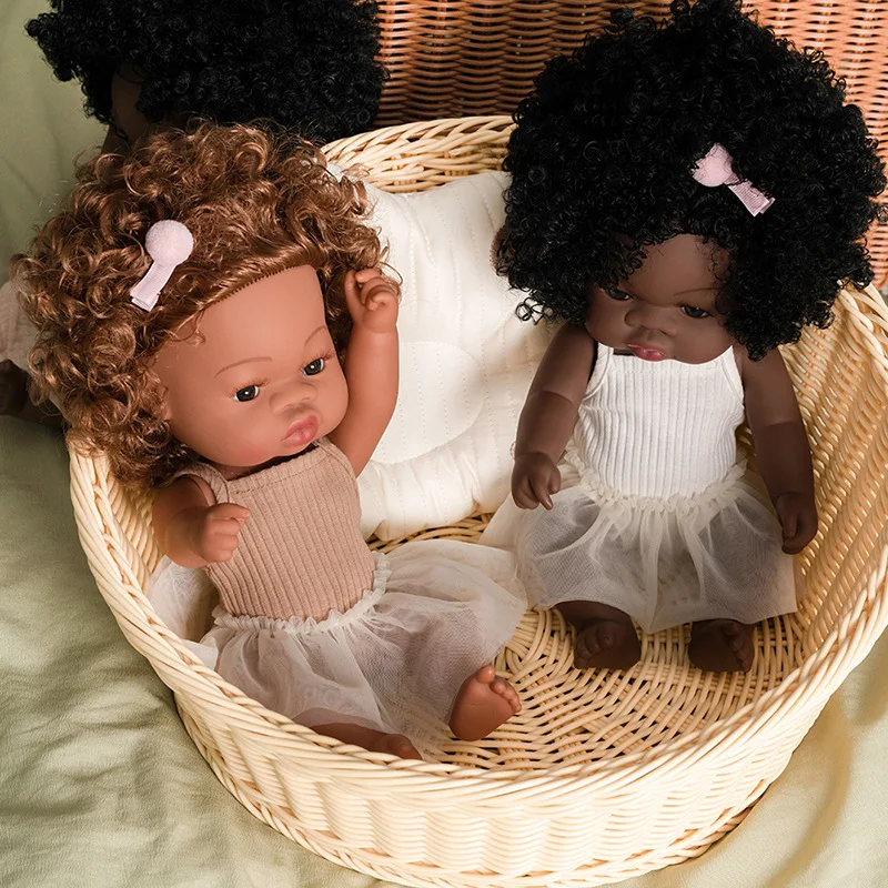 African Black Baby Doll Full Vinyl Black Skin Doll Joints Movable Natural Curly Hair Cute Reborn Doll Baby Interactive Toy Gifts