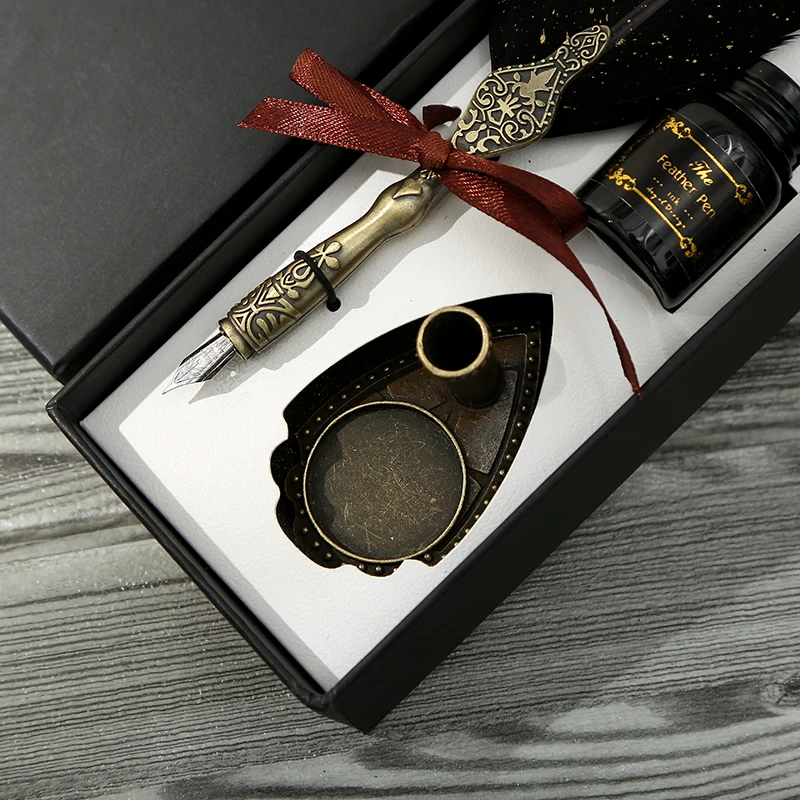 1 Set Retro Classic Texture Practical Calligraphy Feather Dip Pen No Ink Quill Fountain Writing Portable  Wedding Gifts Box