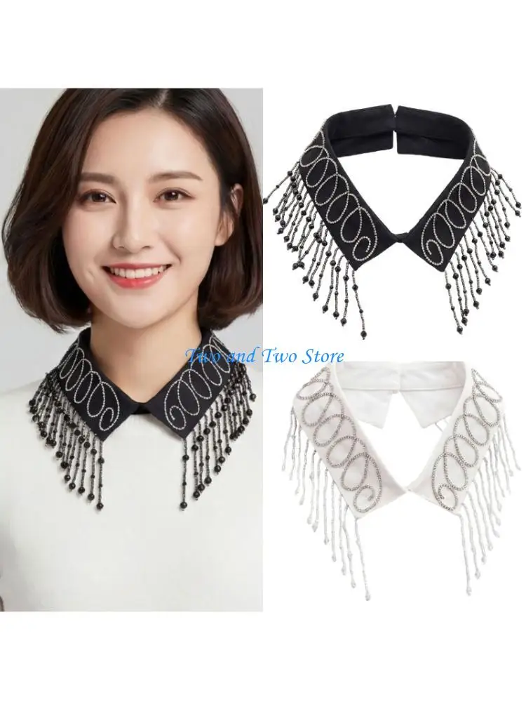 HX6F Fashion Detachable Collar with Fringe Bead Decorative Collar Neckpiece For Women