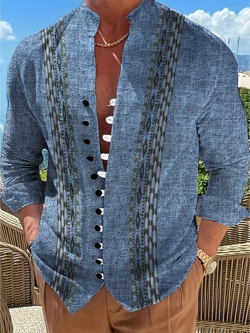 Henry Men's Shirt Ethnic Style 3D Printed Top Men's Casual Fashion Vintage Long Sleeve Shirt Men's Costume