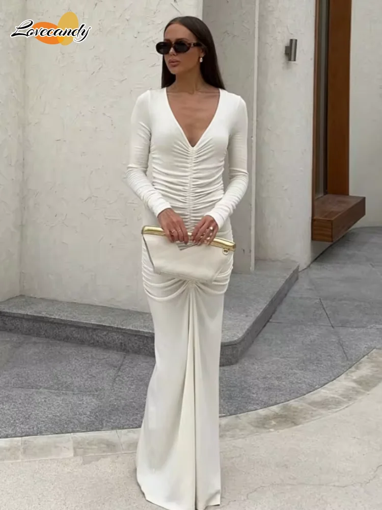 

Women's Pleated Deep V Neck Slim Fit Maxi Dress Elegant White Lady Long Sleeve Bodycon Evening Gown 2024 Autumn New Female Robe