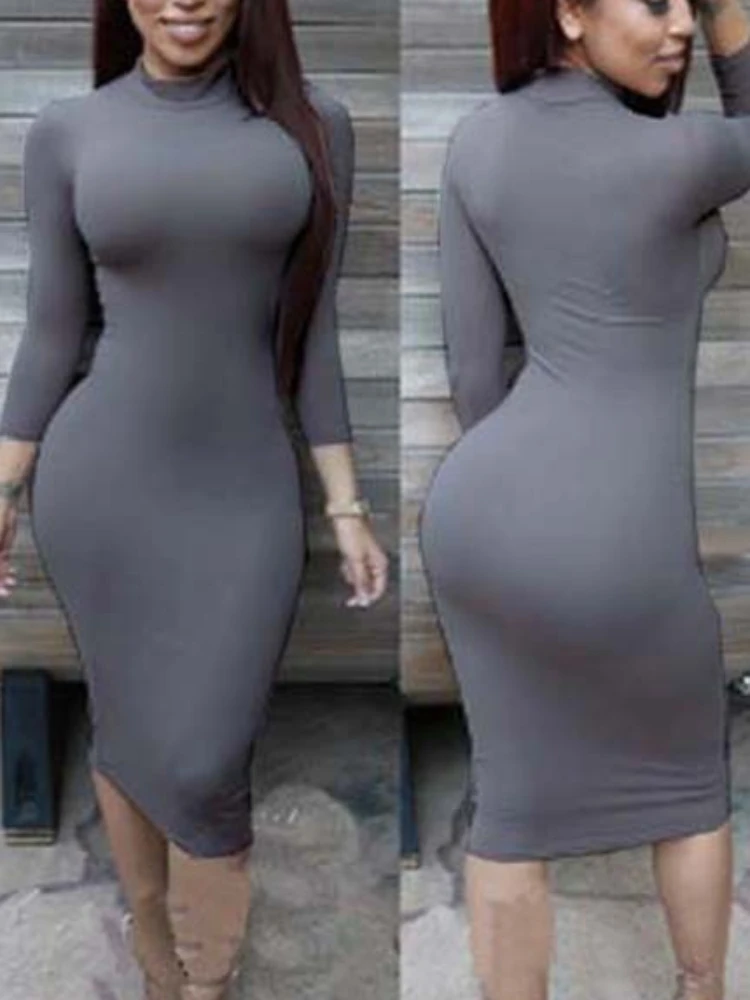 Sexy Solid Color Elastic Slim Bodycon Dress Women Long Sleeves Girdling Waist Skinny Dress Elegant Club Party Vestidos