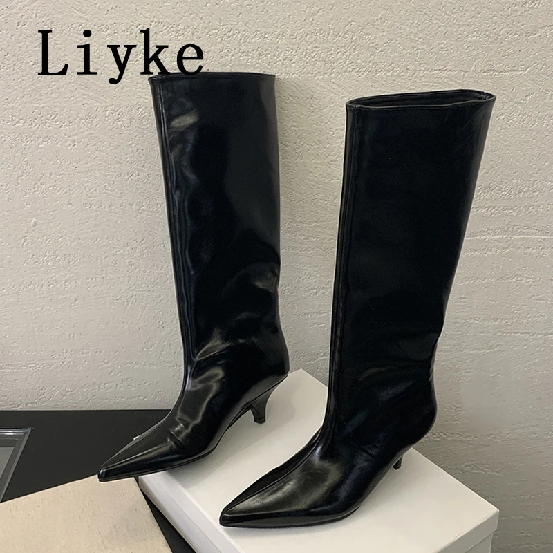 Liyke Winter Street Style Cosy Pointed Toe Woman Knee-High Boots Slip-On Low Thin Heels Shoes Female Long Booties Zapatos Mujer