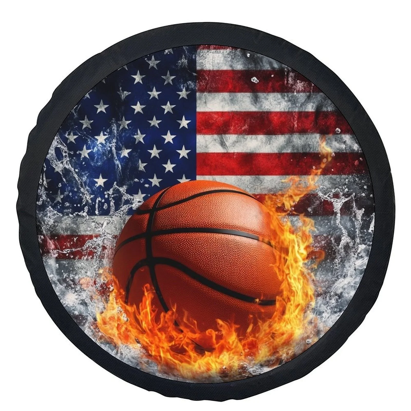 Flaming Basketball USA Flag Tire Cover Polyester Wheel Protector Universal Fit