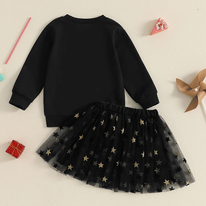 Girl New Year Outfit Letter Embroidery Long Sleeve Sweatshirt Glitter Star Print Tulle Skirt 2 Piece Set