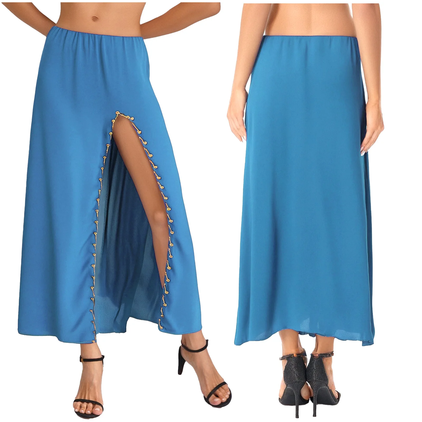 

Womens Belly Dance Long Skirt Plastic Beads Trim Dancing Side Split Elastic Skirt for India Cosplay Belly Latin Ethnic Dance