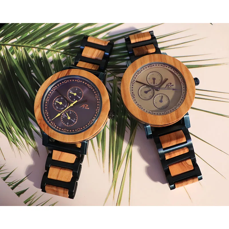 Hot selling fashion quartz wood watch stainless steel chronograph wristwatch oem watch custom logo