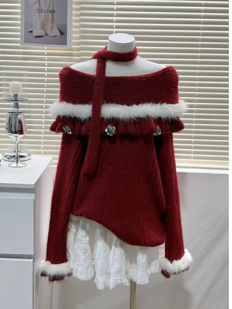 

Рождественский лоскутный свитер с открытыми плечами, осенний новый высококачественный свободный тонкий свитер, винтажный сладкий вязаный пуловер в стиле Лолиты