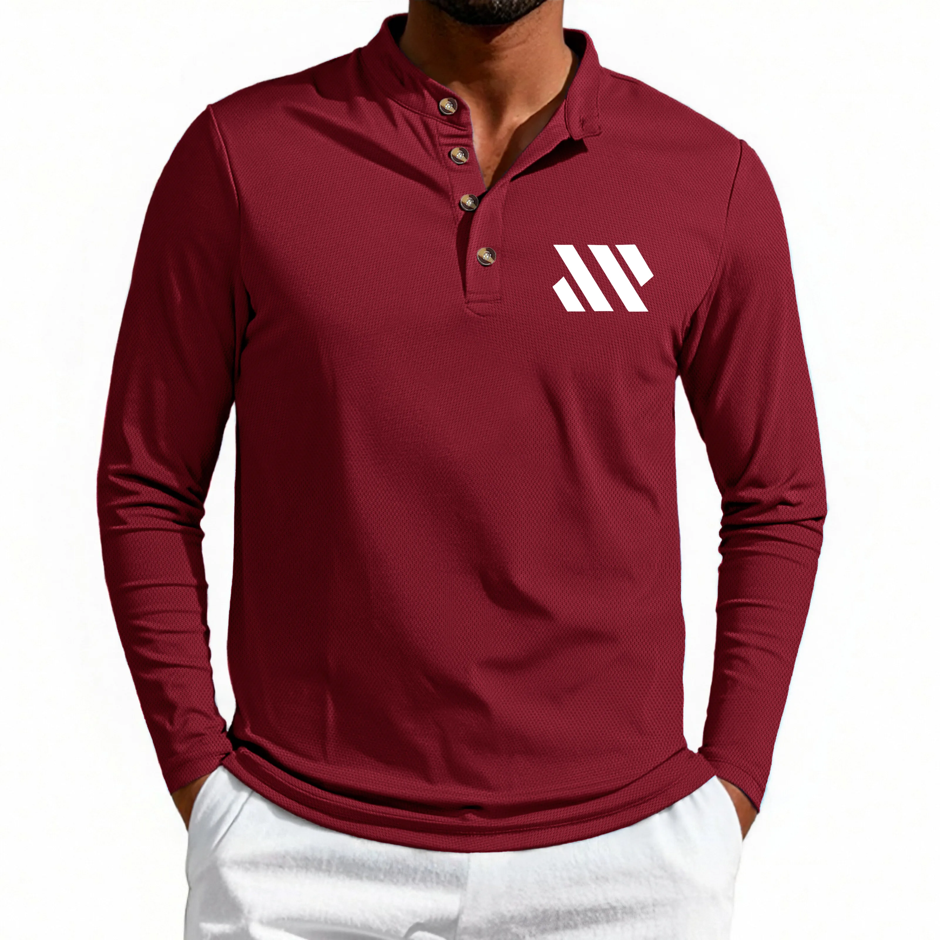 

Spring and Autumn Men's Stand up Collar Polo Shirt Stripe Printed Comfortable Breathable Casual Long Sleeve Top