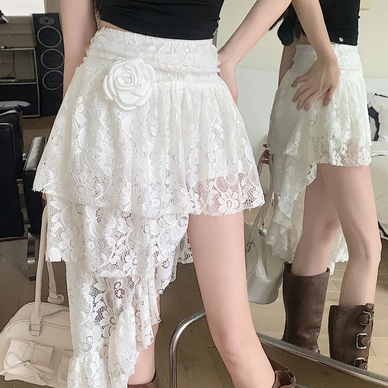 Sexy White Irregular Midi Skirt Women Fashion Black Lace Skirts Harajuku Elegant Design Style Elastic High Waist  A Line Skirt