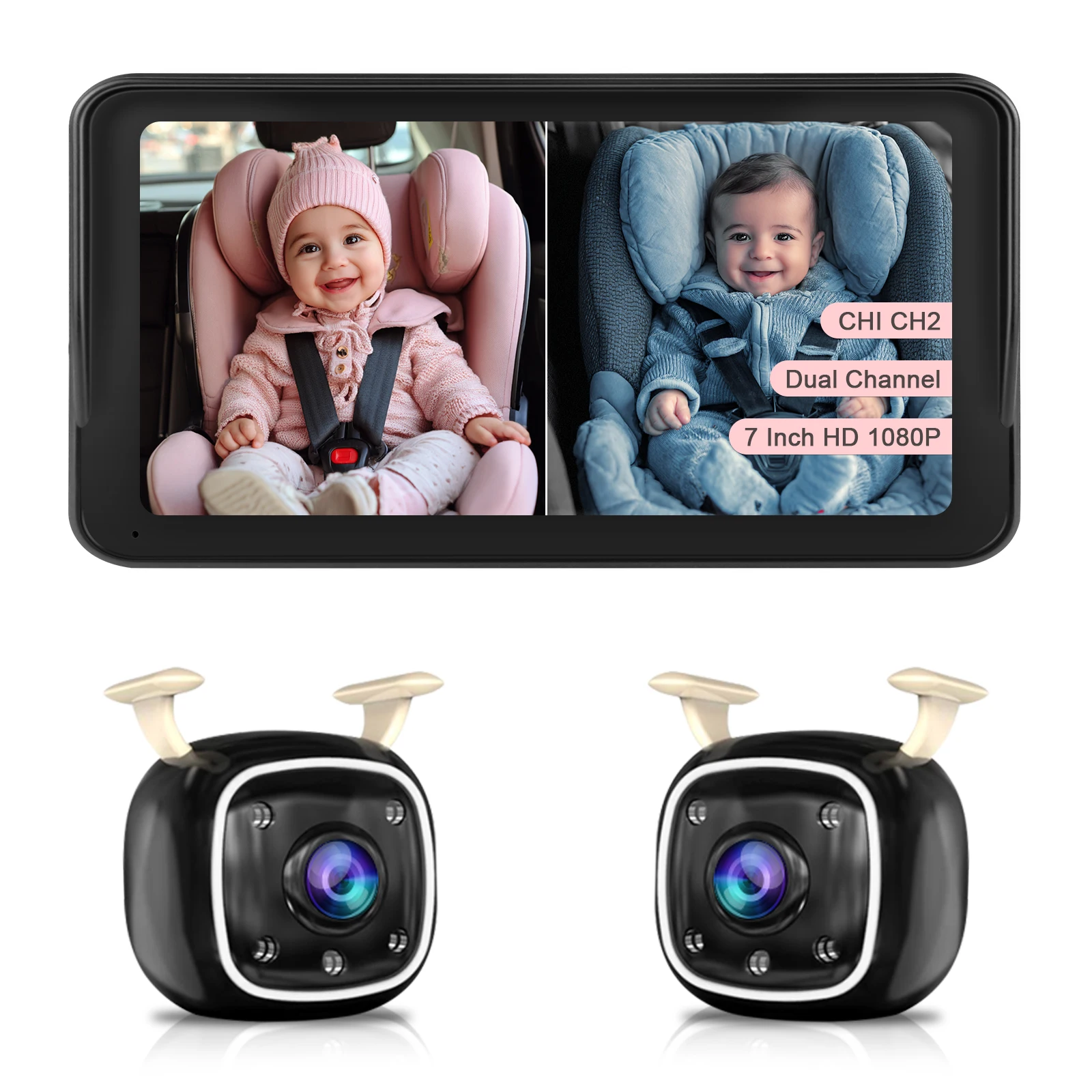 

Back Seat Baby Car Camera 1080P Dual Channel 7" IPS Screen Night Vision Car Baby Mirror Rear View Monitor for Kids Pet 12V-24V