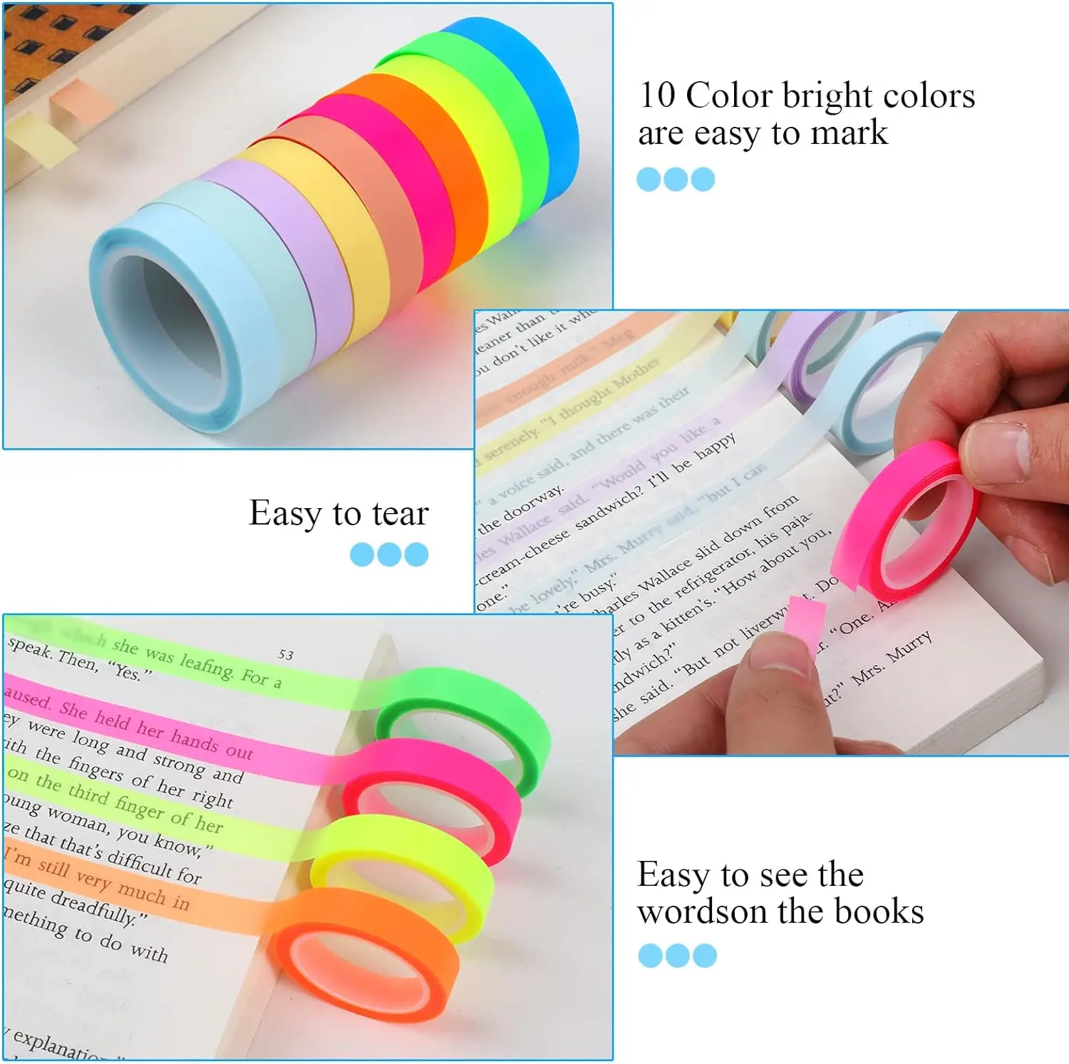 5 Rolls/10 Rolls Morandi Highlighter Reading Sticky Tape, Fluorescent Highlighter Index Tape File Folder Index Notes