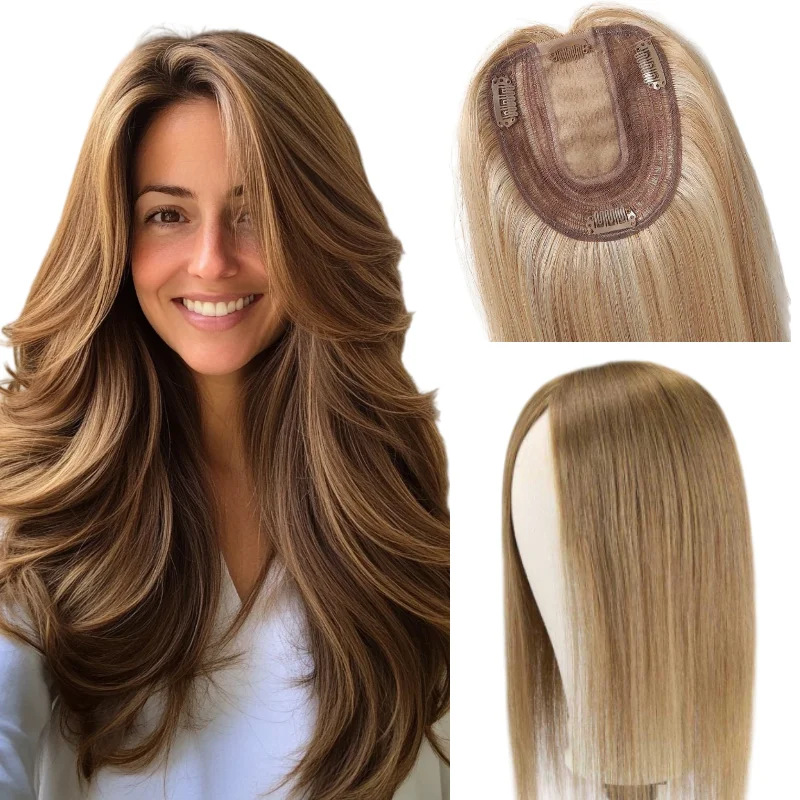 Women Topper 100% Human Hair Silk Lace Base Clip In 12x13cm 25cm Middle Part Machine Made Remy Hair #613 #P4-27 Hot Discount 48H