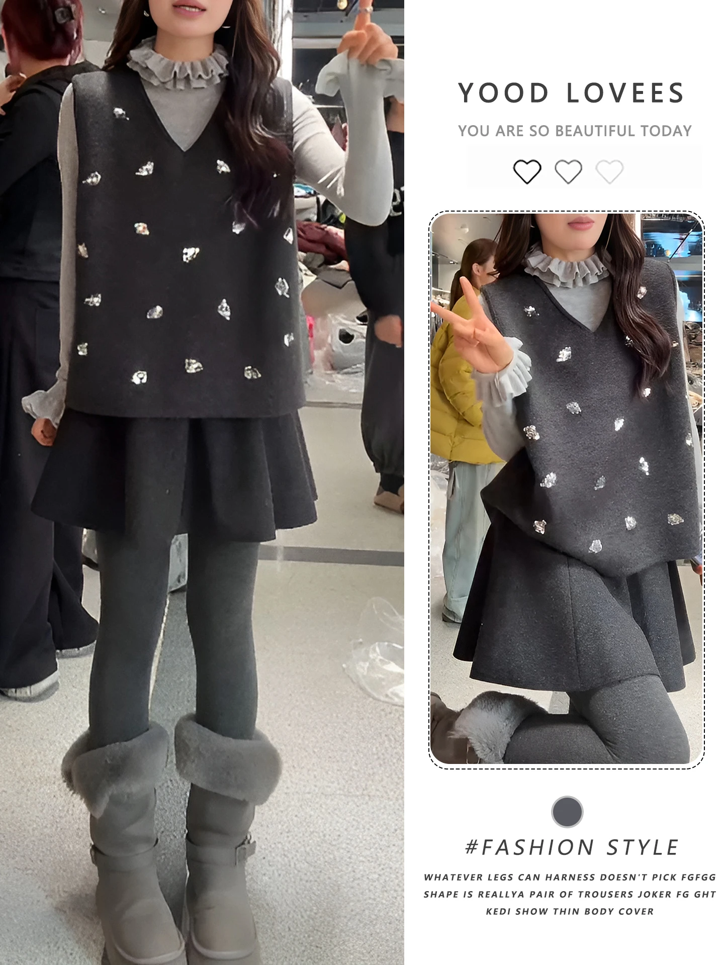 

Fashionable Knitted Base Layer Shirt V-Neck Sleeveless Half-Skirt Three-Piece Set High Waist Short Skirt Winter Commute Style