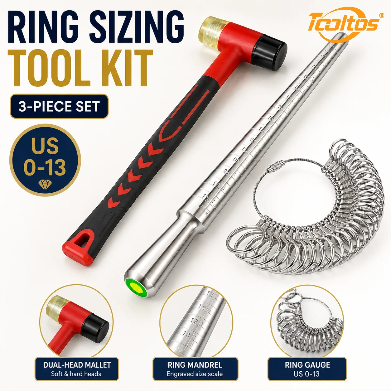 TOOLTOS 3PCS Ring Sizing Tool Kit US 0-13 Ring Mandrel Finger Gauge Set Dual Head Mallet for Jewelry Making Repair Reshaping