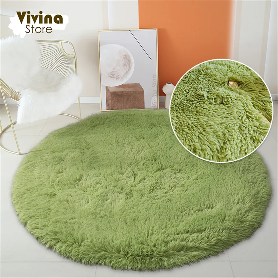 Tapis rond en peluche pour salon, Shaggy Lea vert pour canapé, chaise, cheveux longs, polymères de sol, décoration d\'intérieur pour enfants, moelleux