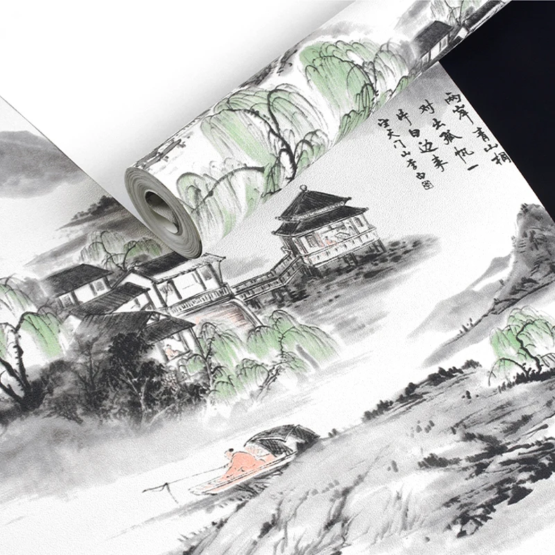 9.5m Chinese Style Landscape Ink Painting Wall Art Paper for Bedroom Living Room Study Office Teahouse Home Decor Wallpaper