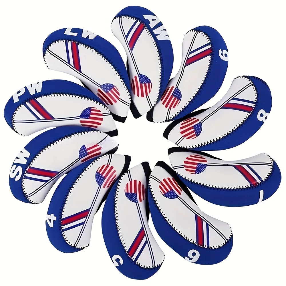 

10 шт., неопреновый чехол для гольф-клуба с рисунком американского флага, железные чехлы на голову, амортизирующие, против царапин
