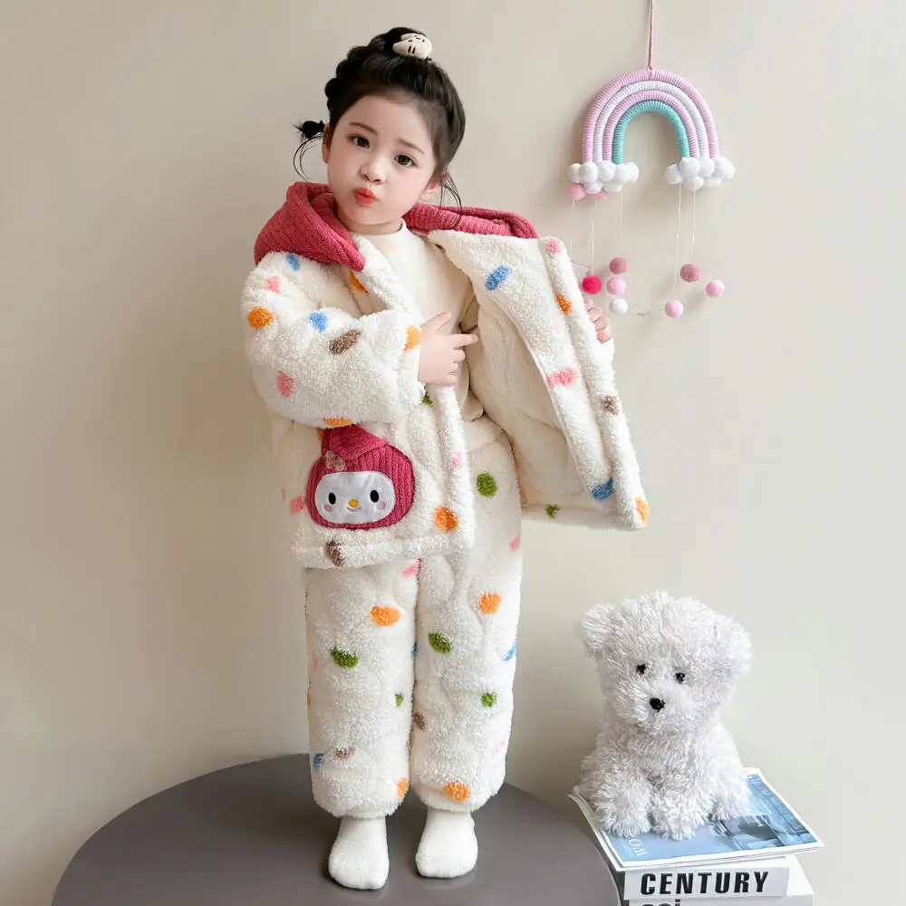 

Sanrio Kuromi 2025 Children's Pajamas Winter Girls Coral Velvet Thickened Three-Layer Quilted Baby Flannel Warm Home Clothes Set