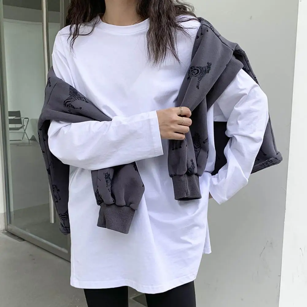 White Women T-shirt Round Neck Loose Long Sleeve Two Side Split Tee Shirt Pullover Spring Autumn Casual Loose t shirt Oversize