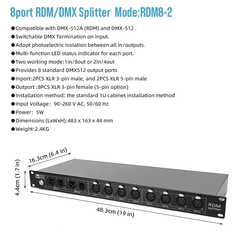 Répartiteur DMX 8 voies, contrôleur de sortie multi-extension 8x512 canaux avec éclairage réseau Satge à 3 broches pour discothèque DJ Disco