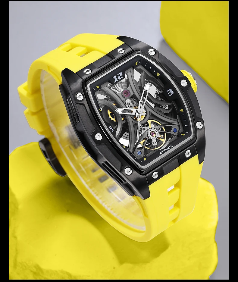 MEGIR Sport-Stil, automatische mechanische Uhr für Herren, voll hohl, transparentes Zifferblatt-Design, Edelstahlgehäuse, Silikonarmband – Detail 30