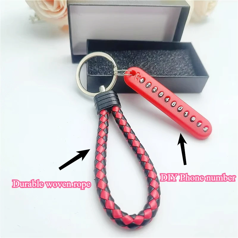 

Custom Keychain with Phone Number for House Keys Personalized Key Ring Woven Leather Rope Anti-lost Car Key Chain Charm Gift