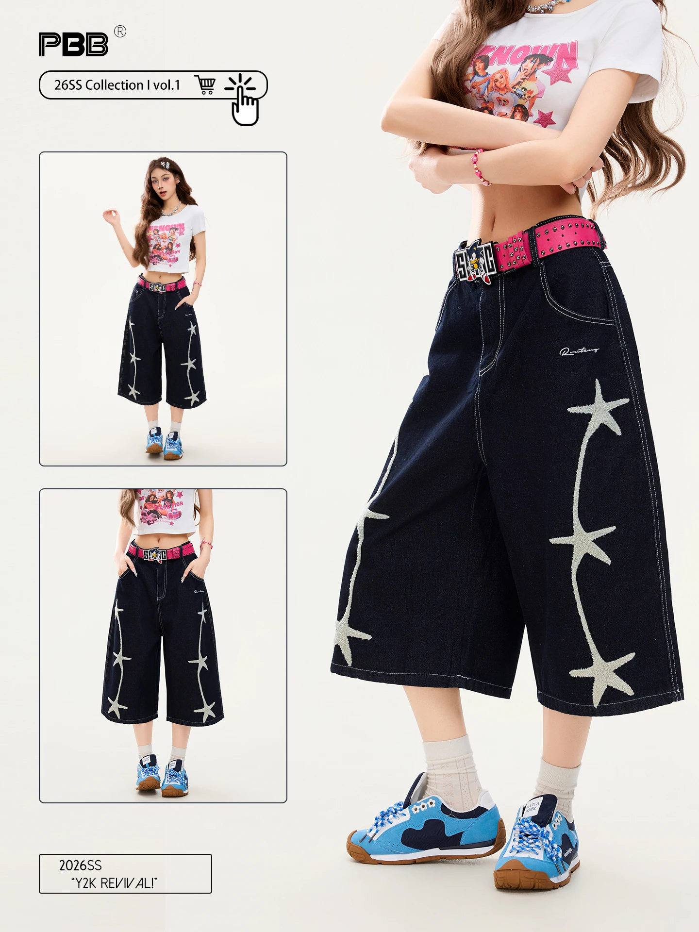 

PBB American Casual Star Flocking Original Color Jeans Wide Leg Pants Women Anti Aging Loose Casual Straight Short Shorts