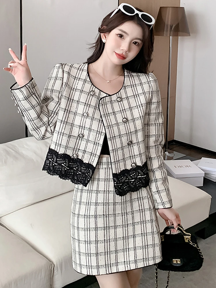 Fall Women Elegant Plaid Tweed Two Piece Set Fashion Ladies Pearl Buttons Lace Patchwork Short Coat+Mini Skirt Girls Sweet Suit