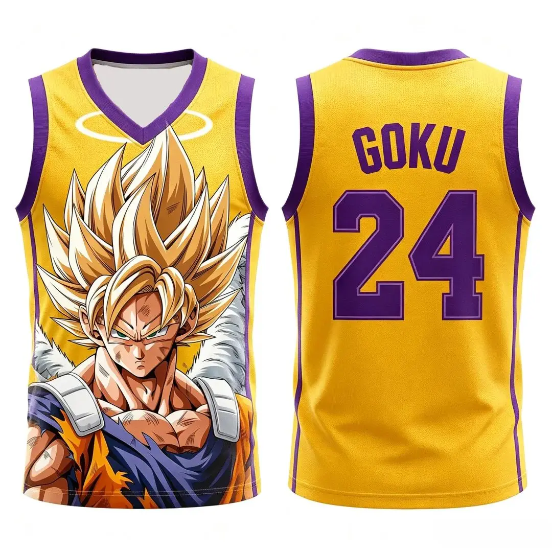 Dragon Ball Goku Super Saiyan Nr. 23 Basketball-Trikot für Herren, 3D-Druck, Sport-Tanktop, weiß-goldener Farbverlauf, Anime-Streetwear. – Detail 8