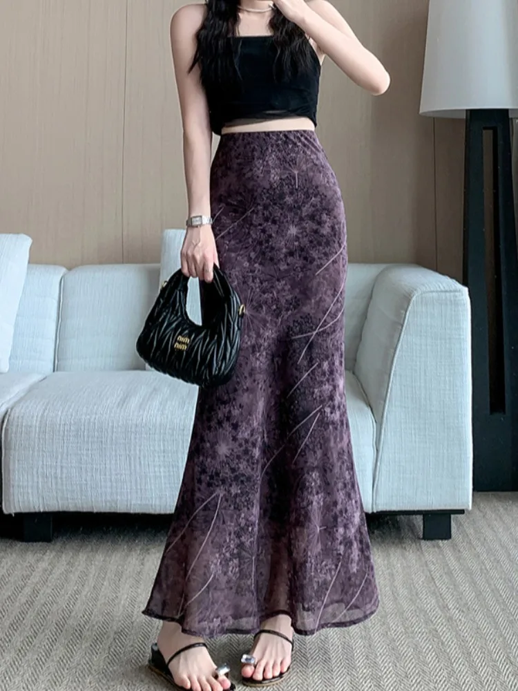 Retro Floral Fi Tail Skirt Women's Summer Thin Gentle Hip Covering Slim A-Line High Waist Slim Fit Long Skirt