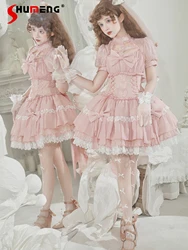 Japanese Elegant Sweet Girl Lolita Op Hollow Out Stand Collar Short Sleeve Bow Trailing Lace Butterfly Lace-up Pink Dress Women