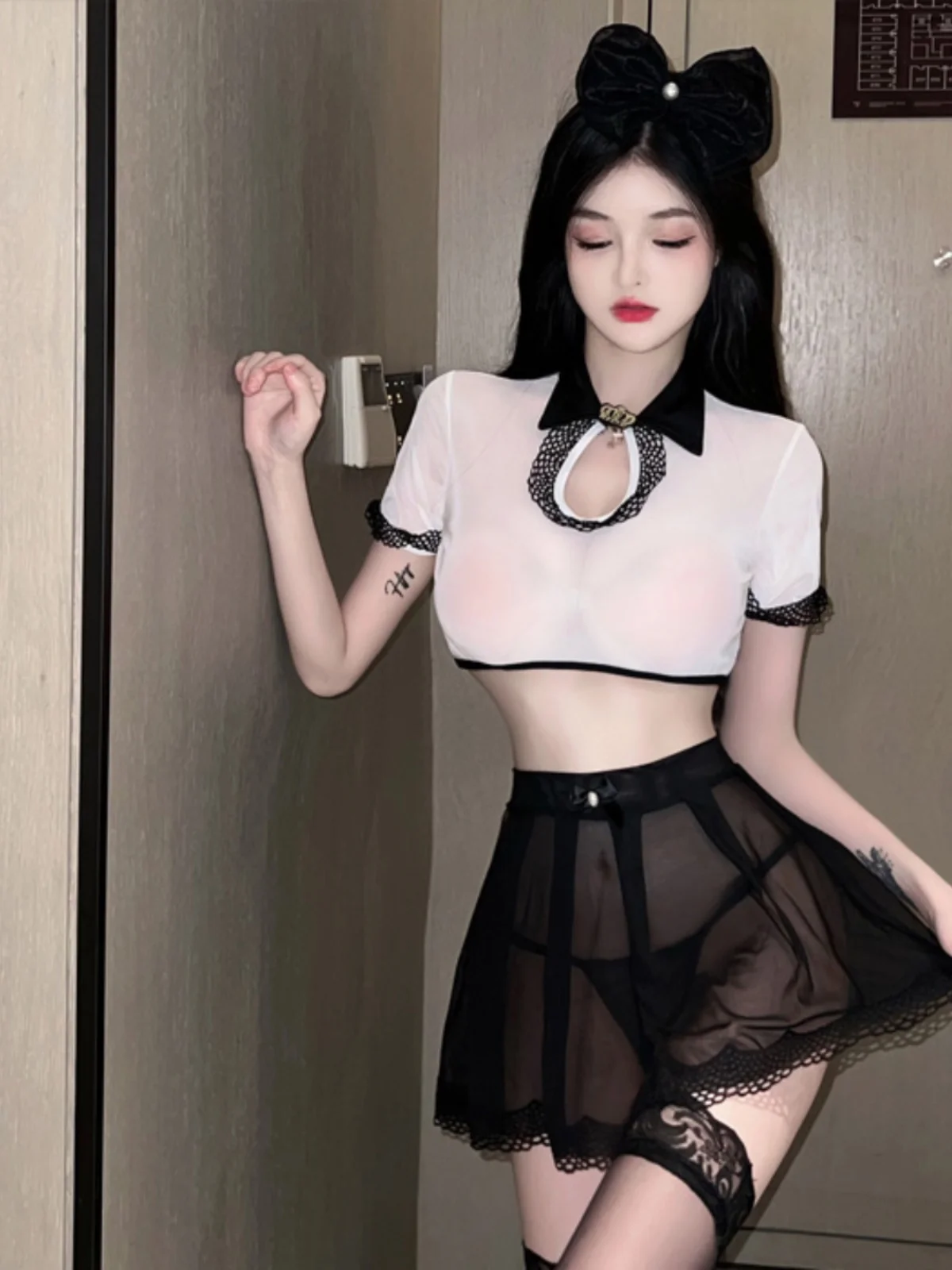 

Сексуальный прозрачный комплект orm Set ort Sve Топ с обнажением живота и юбкой Me ort Костюм горничной от Gege Home Faion Set