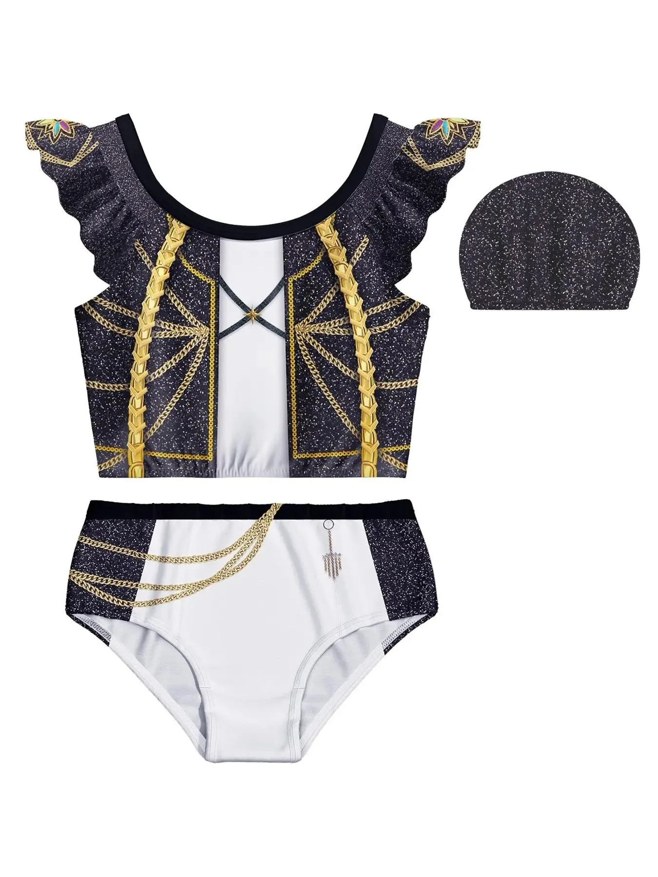 Glam Rock Girls 3 Pcs Swimsuit Set Black Gold Chain Print Ruffle Top & Contrast Color Bottoms with Swim Cap Kids Concert Costume