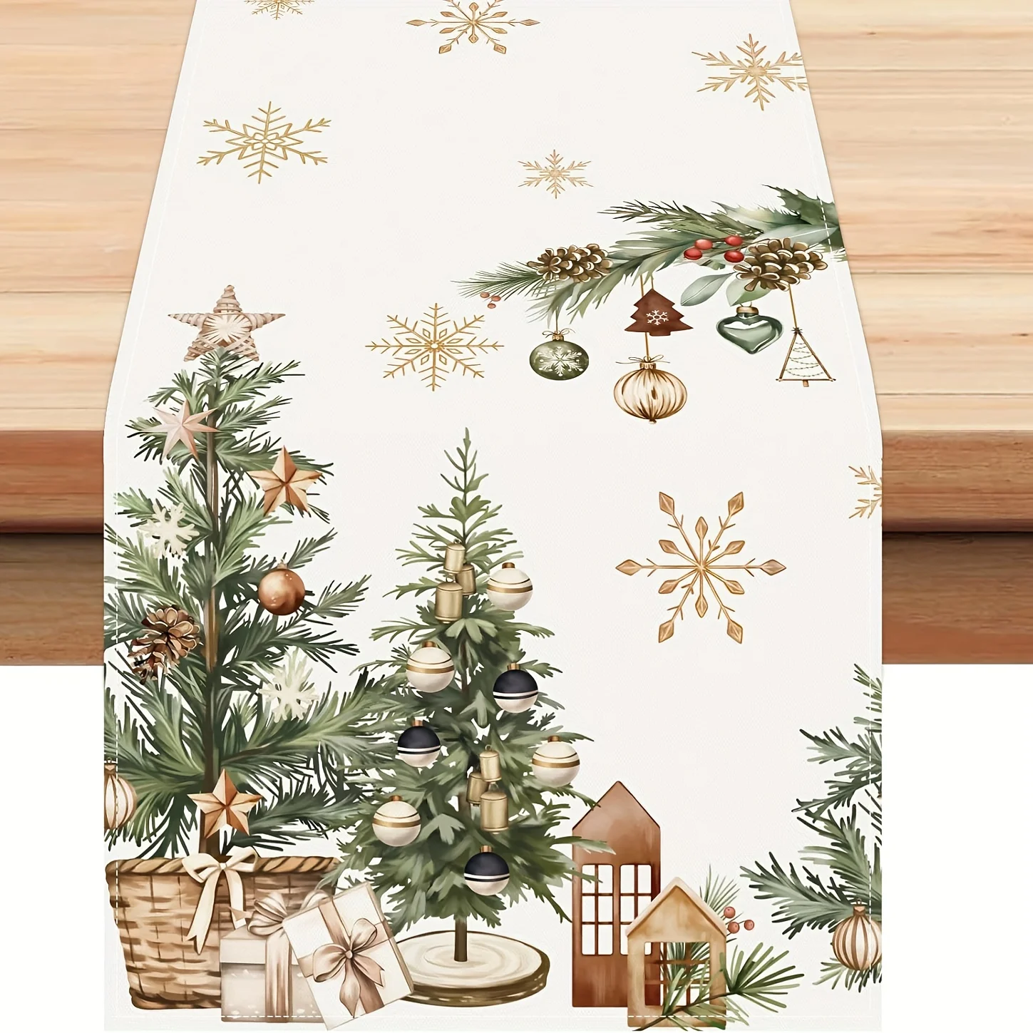Weihnachtsbaum-Schneeflocke-bedruckter Tischläufer, rustikales grünes Ornament-Muster, Tischdekoration für Urlaub, Abendessen, Party, festliche Dekoration