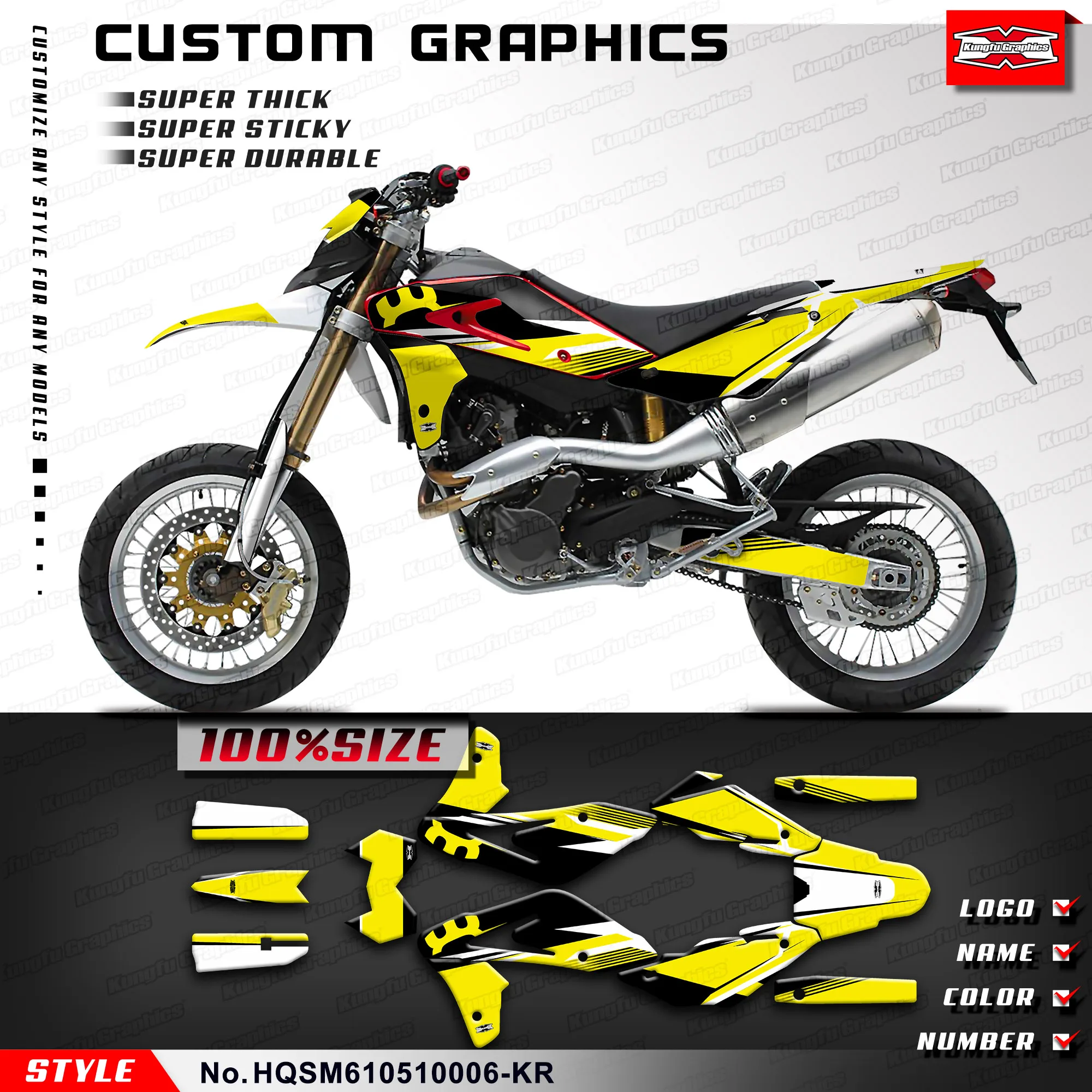 

KUNGFU GRAPHICS Personalised Sticker Decals Kit for Husqvarna SM 610 2005 2006 2007 2008 2009 2010, HQSM610510006-KR