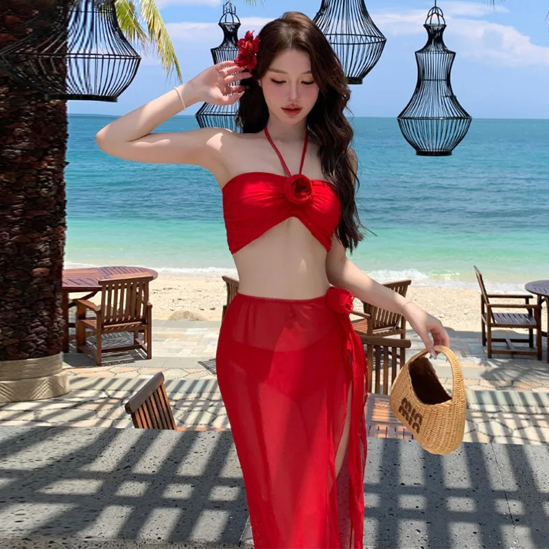 

Сексуальный красный комплект бикини с завязками на шее, женский купальник из трех предметов с юбкой, для пляжа, спа и отпуска, для небольшой груди, с эффектом пуш-ап, сексуальное белье